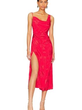 For Love And Lemons Red Jacquard Cowl Midi Slip Dress with Thigh Slit